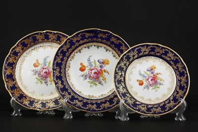 Thune (Тхун) Кобальт Полевой цветок набор тарелок 18шт Чешские фарфоровые сервировочные тарелки