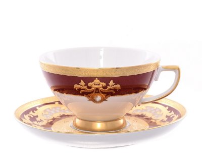 Алена Бордо Голд Констанца - чайные пары 6 шт 250мл Falken Porselan Alena 3D Bordo Gold Constanza набор 6 чашек 250мл с блюдцами для чая