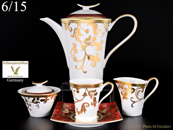 Falkenporzellan Tosca Bordeaux Gold чайный сервиз на 6 персон 15 предметов